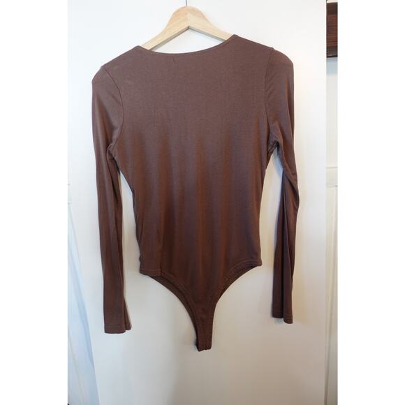 Lace Up Bodysuit Womens Large Brown Gold Long Sleeve Eyelet Grommet Stretchy Top - Picture 2 of 7